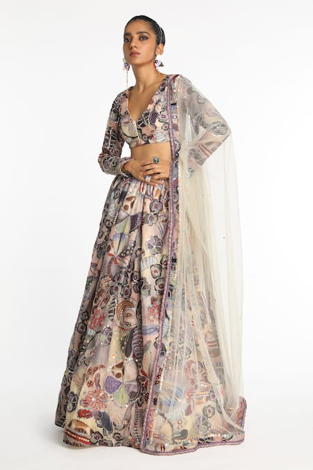 Aisha Rao Purple Organza Embellished Sequins Iriscent Abstract Floral Print Lehenga Set 