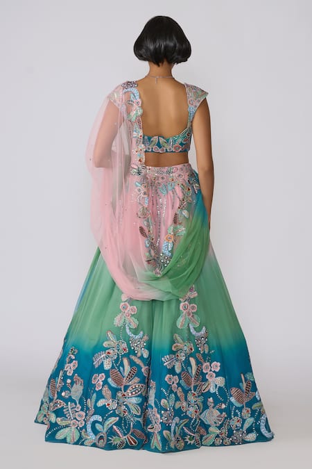 Shop Aisha Rao Blue Viscose, Organza Sequins, Beads, Applique Isodora Ombre Lehenga Set at Aza Fashions Shop_Aisha Rao_Blue Viscose, Organza Sequins, Beads, Applique Isodora Ombre Lehenga Set _at_Aza_Fashions