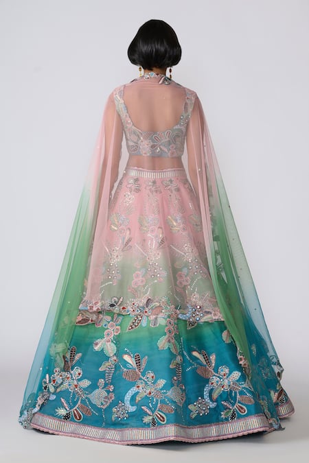 Shop Aisha Rao Blue Silk Sequins, Beads, Applique, Zari Scoop Isolena Ombre Floral Lehenga Set at Aza Fashions Shop_Aisha Rao_Blue Silk Sequins, Beads, Applique, Zari Scoop Isolena Ombre Floral Lehenga Set _at_Aza_Fashions