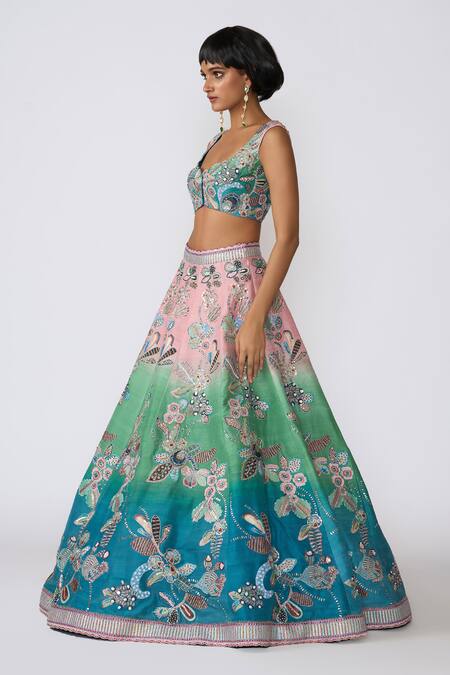 Shop Aisha Rao Blue Silk Sequins, Beads, Applique, Zari Scoop Isolena Ombre Floral Lehenga Set Online at Aza Fashions Shop_Aisha Rao_Blue Silk Sequins, Beads, Applique, Zari Scoop Isolena Ombre Floral Lehenga Set _Online_at_Aza_Fashions