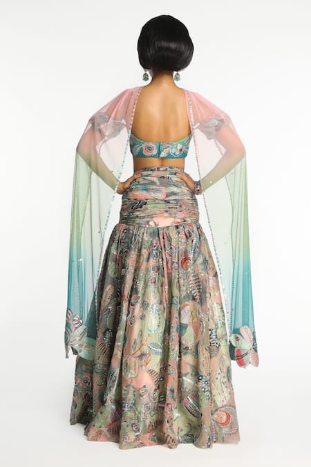 Shop Aisha Rao Multi Color Organza, Tulle Sequins, Applique, Beads Lucid Printed Lehenga Set at Aza Fashions Shop_Aisha Rao_Multi Color Organza, Tulle Sequins, Applique, Beads Lucid Printed Lehenga Set _at_Aza_Fashions