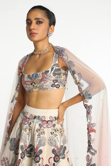 Aisha Rao Ivory Silk, Chiffon Sequins, Beads, Lunara Floral Embellished Lehenga Set Online at Aza Fashions Aisha Rao_Ivory Silk, Chiffon Sequins, Beads, Lunara Floral Embellished Lehenga Set _Online_at_Aza_Fashions