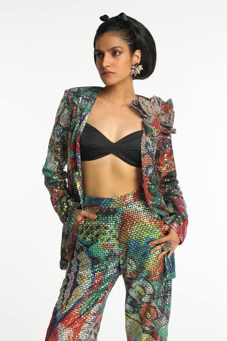 Shop_Aisha Rao_Multi Color Tulle Sequins, Applique Luxora Abstract Print Jacket Pant Set _Online_at_Aza_Fashions