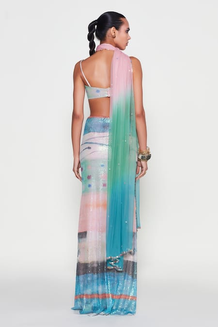 Shop Aisha Rao Blue Tulle, Net Sequins Sweetheart Neck Manifold Abstract Print Skirt Set at Aza Fashions Shop_Aisha Rao_Blue Tulle, Net Sequins Sweetheart Neck Manifold Abstract Print Skirt Set _at_Aza_Fashions