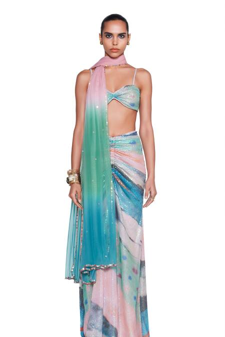 Aisha Rao Blue Tulle, Net Sequins Sweetheart Neck Manifold Abstract Print Skirt Set Online at Aza Fashions Aisha Rao_Blue Tulle, Net Sequins Sweetheart Neck Manifold Abstract Print Skirt Set _Online_at_Aza_Fashions