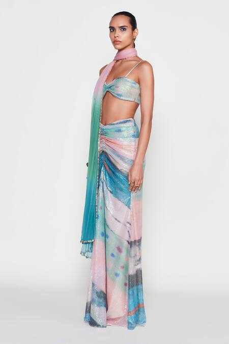 Buy Aisha Rao Blue Tulle, Net Sequins Sweetheart Neck Manifold Abstract Print Skirt Set Online at Aza Fashions Buy_Aisha Rao_Blue Tulle, Net Sequins Sweetheart Neck Manifold Abstract Print Skirt Set _Online_at_Aza_Fashions