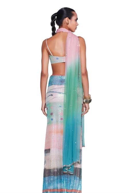 Shop Aisha Rao Blue Tulle, Net Sequins Sweetheart Neck Manifold Abstract Print Skirt Set Online at Aza Fashions Shop_Aisha Rao_Blue Tulle, Net Sequins Sweetheart Neck Manifold Abstract Print Skirt Set _Online_at_Aza_Fashions