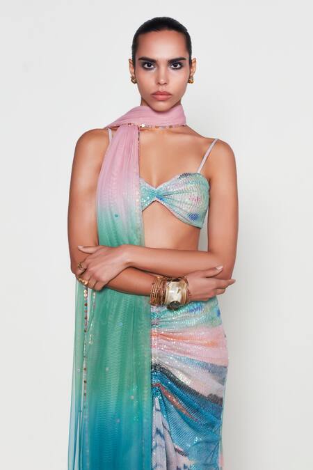 Aisha Rao Blue Tulle, Net Sequins Sweetheart Neck Manifold Abstract Print Skirt Set at Aza Fashions Aisha Rao_Blue Tulle, Net Sequins Sweetheart Neck Manifold Abstract Print Skirt Set _at_Aza_Fashions