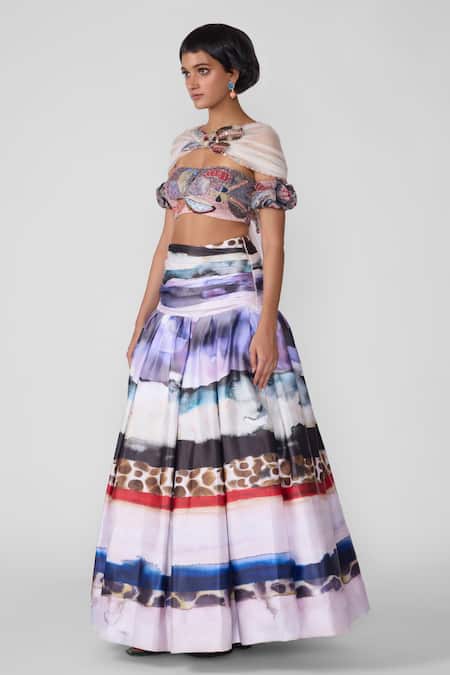 Shop Aisha Rao Multi Color Organza, Tulle Applique, Mystique Abstract Print Lehenga Blouse Set at Aza Fashions Shop_Aisha Rao_Multi Color Organza, Tulle Applique, Mystique Abstract Print Lehenga Blouse Set _at_Aza_Fashions