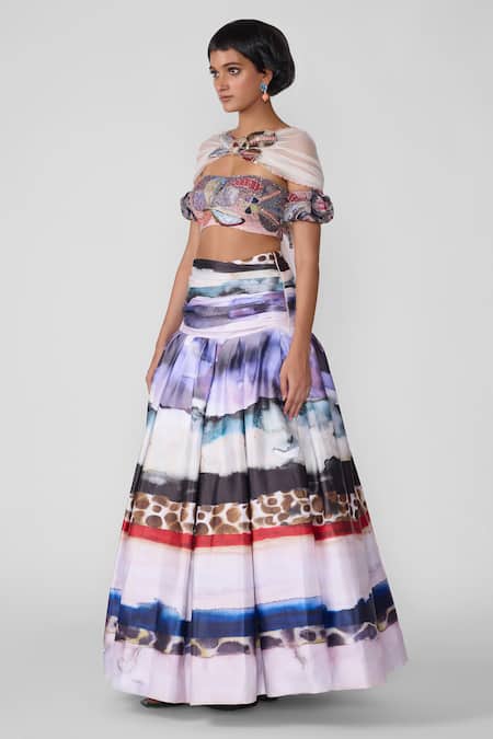 Shop_Aisha Rao_Multi Color Organza Applique, Mystique Abstract Print Lehenga With Blouse _at_Aza_Fashions