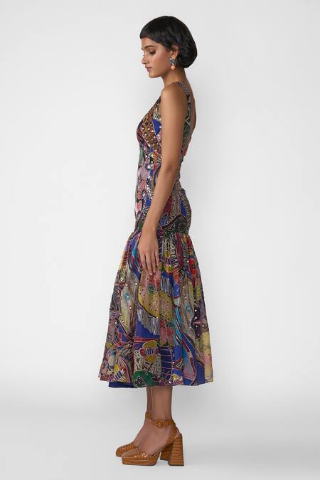 Aisha Rao Multi Color Organza Sequins, Beads Scoop Neck Nerys Abstract Print Frill Dress Online at Aza Fashions Aisha Rao_Multi Color Organza Sequins, Beads Scoop Neck Nerys Abstract Print Frill Dress _Online_at_Aza_Fashions