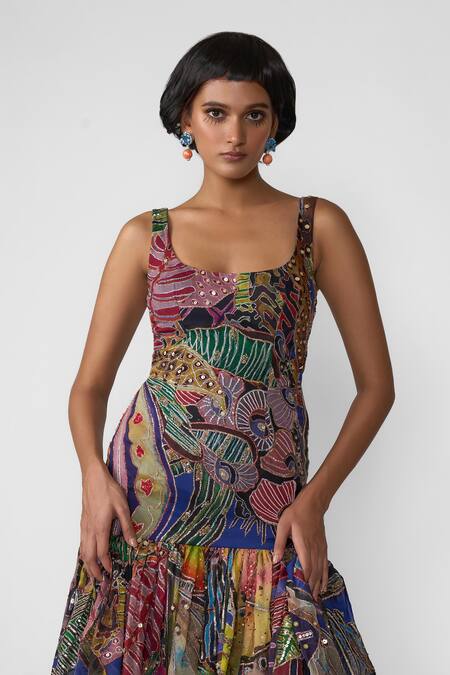 Buy Aisha Rao Multi Color Organza Sequins, Beads Scoop Neck Nerys Abstract Print Frill Dress Online at Aza Fashions Buy_Aisha Rao_Multi Color Organza Sequins, Beads Scoop Neck Nerys Abstract Print Frill Dress _Online_at_Aza_Fashions