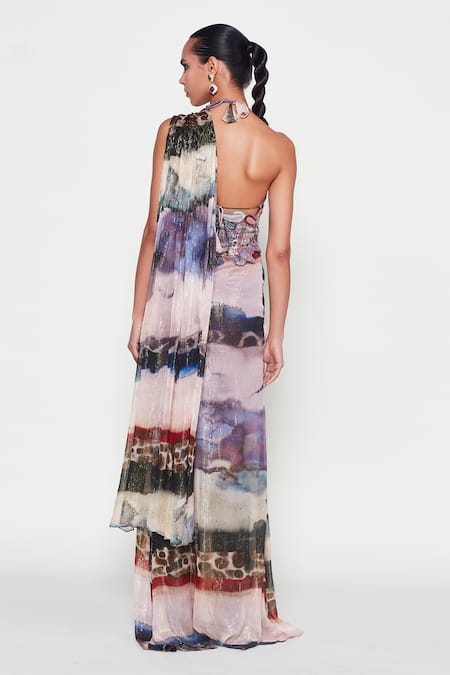 Shop_Aisha Rao_Purple Lurex, Velvet Sequins, Beads Nola Abstract Print Pre-draped Saree Set _at_Aza_Fashions