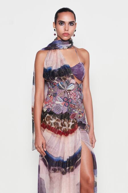 Buy_Aisha Rao_Purple Lurex, Velvet Sequins, Beads Nola Abstract Print Pre-draped Saree Set _Online_at_Aza_Fashions