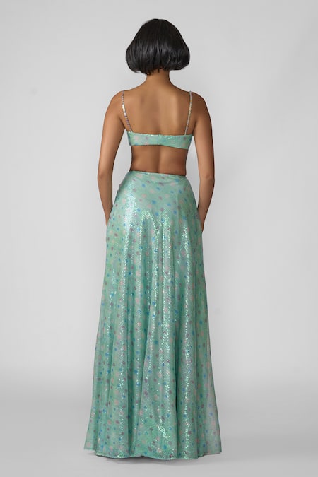 Shop Aisha Rao Blue Tulle Applique, Sequins Sweetheart Oceana Embellished Skirt With Blouse at Aza Fashions Shop_Aisha Rao_Blue Tulle Applique, Sequins Sweetheart Oceana Embellished Skirt With Blouse _at_Aza_Fashions