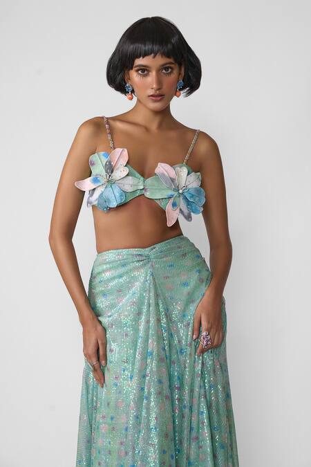 Shop Aisha Rao Blue Tulle Applique, Sequins Sweetheart Oceana Embellished Skirt With Blouse Online at Aza Fashions Shop_Aisha Rao_Blue Tulle Applique, Sequins Sweetheart Oceana Embellished Skirt With Blouse _Online_at_Aza_Fashions