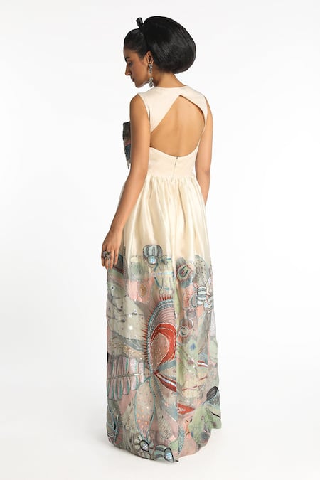 Shop Aisha Rao Ivory Organza Sequins, Cut Work Sweetheart Acro Printed Bow Detail Gathered Gown at Aza Fashions Shop_Aisha Rao_Ivory Organza Sequins, Cut Work Sweetheart Acro Printed Bow Detail Gathered Gown _at_Aza_Fashions