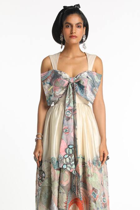 Aisha Rao Ivory Organza Sequins, Cut Work Sweetheart Acro Printed Bow Detail Gathered Gown Online at Aza Fashions Aisha Rao_Ivory Organza Sequins, Cut Work Sweetheart Acro Printed Bow Detail Gathered Gown _Online_at_Aza_Fashions