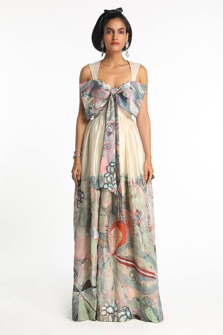 Buy Aisha Rao Ivory Organza Sequins, Cut Work Sweetheart Acro Printed Bow Detail Gathered Gown Online at Aza Fashions Buy_Aisha Rao_Ivory Organza Sequins, Cut Work Sweetheart Acro Printed Bow Detail Gathered Gown _Online_at_Aza_Fashions