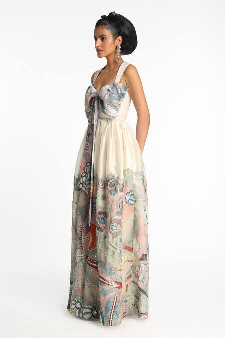 Shop Aisha Rao Ivory Organza Sequins, Cut Work Sweetheart Acro Printed Bow Detail Gathered Gown Online at Aza Fashions Shop_Aisha Rao_Ivory Organza Sequins, Cut Work Sweetheart Acro Printed Bow Detail Gathered Gown _Online_at_Aza_Fashions