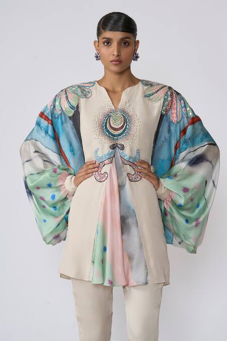 Buy Aisha Rao Off White Satin, Chiffon Applique, Adelina Embellished Printed Top And Pant Set Online at Aza Fashions Buy_Aisha Rao_Off White Satin, Chiffon Applique, Adelina Embellished Printed Top And Pant Set _Online_at_Aza_Fashions