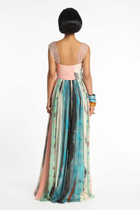 Shop Aisha Rao Blue Chiffon Fabric Flowers Cowl Aether Gathered 3d Floral Applique Work Gown at Aza Fashions Shop_Aisha Rao_Blue Chiffon Fabric Flowers Cowl Aether Gathered 3d Floral Applique Work Gown _at_Aza_Fashions