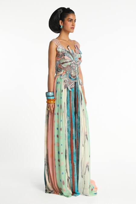 Aisha Rao Blue Chiffon Fabric Flowers Cowl Aether Gathered 3d Floral Applique Work Gown Online at Aza Fashions Aisha Rao_Blue Chiffon Fabric Flowers Cowl Aether Gathered 3d Floral Applique Work Gown _Online_at_Aza_Fashions