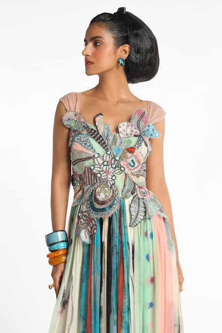 Buy Aisha Rao Blue Chiffon Fabric Flowers Cowl Aether Gathered 3d Floral Applique Work Gown Online at Aza Fashions Buy_Aisha Rao_Blue Chiffon Fabric Flowers Cowl Aether Gathered 3d Floral Applique Work Gown _Online_at_Aza_Fashions