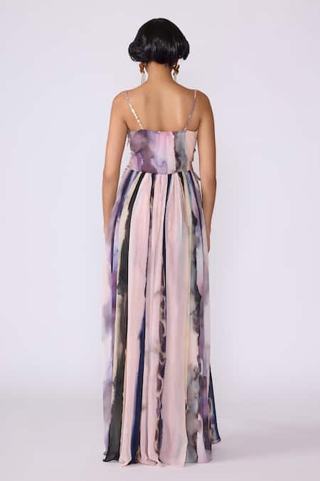 Shop Aisha Rao Purple Chiffon Beads, Embroidery Asymmetric Aether 3d Floral Applique Work Gown at Aza Fashions Shop_Aisha Rao_Purple Chiffon Beads, Embroidery Asymmetric Aether 3d Floral Applique Work Gown _at_Aza_Fashions