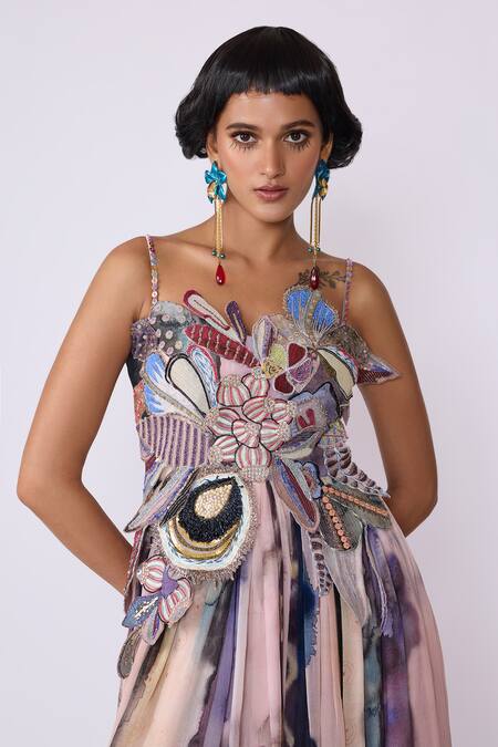 Aisha Rao Purple Chiffon Beads, Embroidery Asymmetric Aether 3d Floral Applique Work Gown Online at Aza Fashions Aisha Rao_Purple Chiffon Beads, Embroidery Asymmetric Aether 3d Floral Applique Work Gown _Online_at_Aza_Fashions