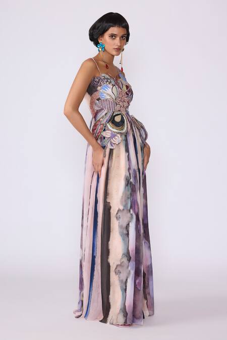 Buy Aisha Rao Purple Chiffon Beads, Embroidery Asymmetric Aether 3d Floral Applique Work Gown Online at Aza Fashions Buy_Aisha Rao_Purple Chiffon Beads, Embroidery Asymmetric Aether 3d Floral Applique Work Gown _Online_at_Aza_Fashions