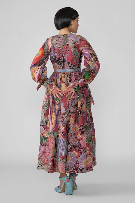 Shop Aisha Rao Red Organza Sequins V-neck Alara Embroidered Printed Midi Dress at Aza Fashions Shop_Aisha Rao_Red Organza Sequins V-neck Alara Embroidered Printed Midi Dress _at_Aza_Fashions