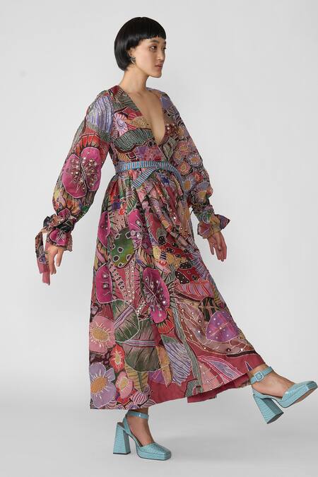 Aisha Rao Red Organza Sequins V-neck Alara Embroidered Printed Midi Dress Online at Aza Fashions Aisha Rao_Red Organza Sequins V-neck Alara Embroidered Printed Midi Dress _Online_at_Aza_Fashions