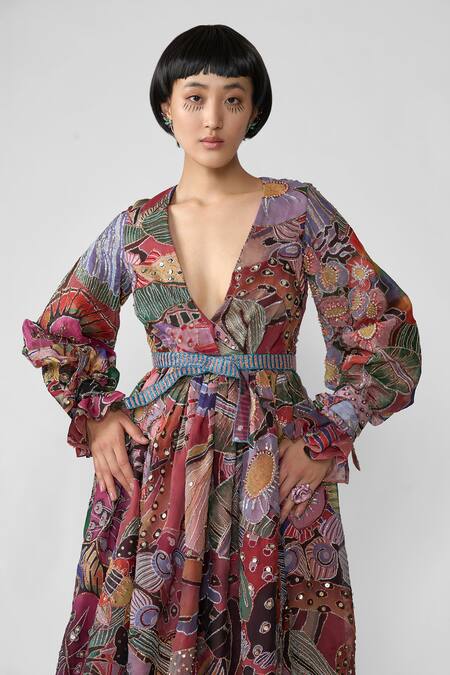 Buy Aisha Rao Red Organza Sequins V-neck Alara Embroidered Printed Midi Dress Online at Aza Fashions Buy_Aisha Rao_Red Organza Sequins V-neck Alara Embroidered Printed Midi Dress _Online_at_Aza_Fashions