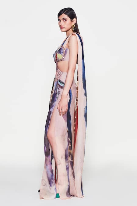 Aisha Rao_Purple Sequins Sweetheart Neck Amandine Embroidered Saree Gown _Online_at_Aza_Fashions