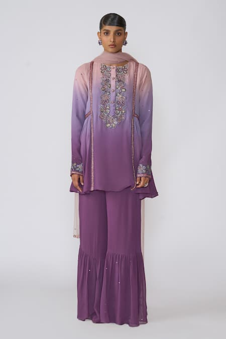 Aisha Rao Purple Dupatta Tulle Embroidered Sequin Round Amyra Kurta Gharara Set 