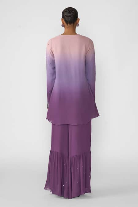 Shop Aisha Rao Purple Georgette, Tulle Sequins, Embroidery Round Neck Amyra Kurta Gharara Set at Aza Fashions Shop_Aisha Rao_Purple Georgette, Tulle Sequins, Embroidery Round Neck Amyra Kurta Gharara Set _at_Aza_Fashions