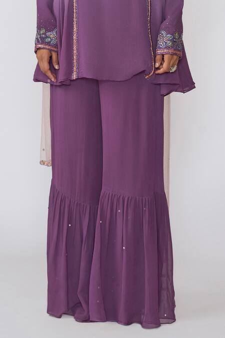 Aisha Rao Purple Georgette, Tulle Sequins, Embroidery Round Neck Amyra Kurta Gharara Set Online at Aza Fashions Aisha Rao_Purple Georgette, Tulle Sequins, Embroidery Round Neck Amyra Kurta Gharara Set _Online_at_Aza_Fashions