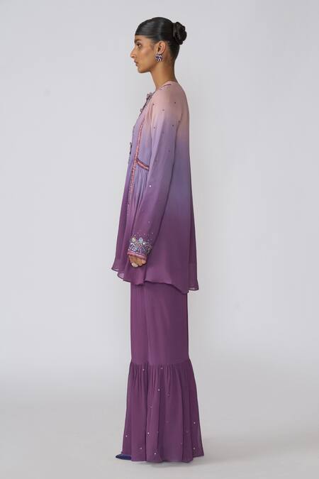 Buy Aisha Rao Purple Georgette, Tulle Sequins, Embroidery Round Neck Amyra Kurta Gharara Set Online at Aza Fashions Buy_Aisha Rao_Purple Georgette, Tulle Sequins, Embroidery Round Neck Amyra Kurta Gharara Set _Online_at_Aza_Fashions