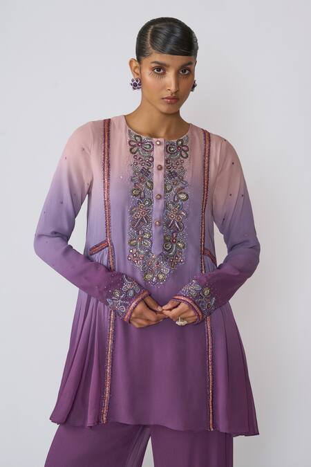 Shop Aisha Rao Purple Georgette, Tulle Sequins, Embroidery Round Neck Amyra Kurta Gharara Set Online at Aza Fashions Shop_Aisha Rao_Purple Georgette, Tulle Sequins, Embroidery Round Neck Amyra Kurta Gharara Set _Online_at_Aza_Fashions