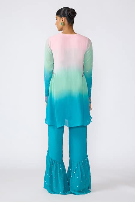 Shop Aisha Rao Blue Cotton, Georgette, Tulle Sequins, Embroidery Round Aradia Gharara Set at Aza Fashions Shop_Aisha Rao_Blue Cotton, Georgette, Tulle Sequins, Embroidery Round Aradia Gharara Set _at_Aza_Fashions