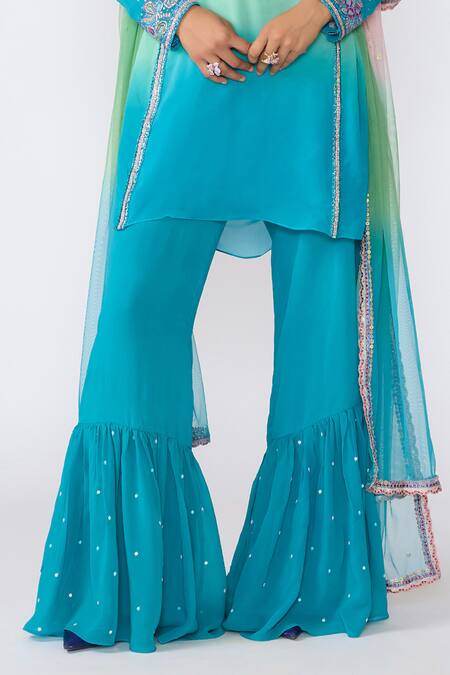 Aisha Rao Blue Cotton, Georgette, Tulle Sequins, Embroidery Round Aradia Gharara Set Online at Aza Fashions Aisha Rao_Blue Cotton, Georgette, Tulle Sequins, Embroidery Round Aradia Gharara Set _Online_at_Aza_Fashions