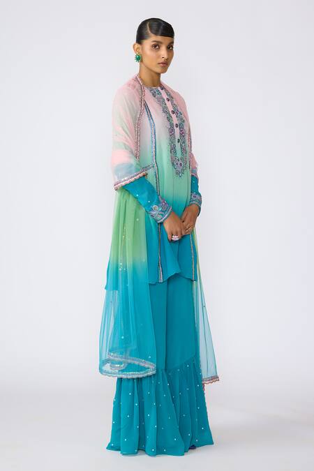 Buy Aisha Rao Blue Cotton, Georgette, Tulle Sequins, Embroidery Round Aradia Gharara Set Online at Aza Fashions Buy_Aisha Rao_Blue Cotton, Georgette, Tulle Sequins, Embroidery Round Aradia Gharara Set _Online_at_Aza_Fashions