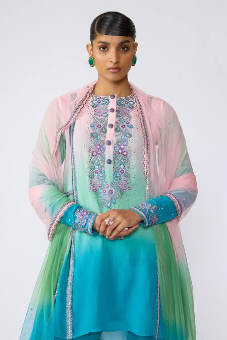 Shop Aisha Rao Blue Cotton, Georgette, Tulle Sequins, Embroidery Round Aradia Gharara Set Online at Aza Fashions Shop_Aisha Rao_Blue Cotton, Georgette, Tulle Sequins, Embroidery Round Aradia Gharara Set _Online_at_Aza_Fashions