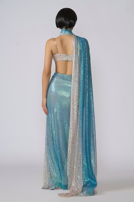 Shop Aisha Rao Ivory Tulle Sequins, Cut Work Astra Embroidered Pre-draped Saree With Blouse at Aza Fashions Shop_Aisha Rao_Ivory Tulle Sequins, Cut Work Astra Embroidered Pre-draped Saree With Blouse _at_Aza_Fashions