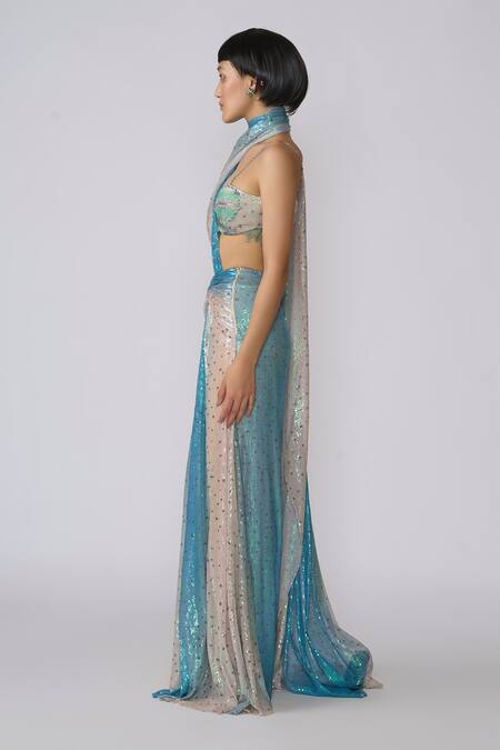 Aisha Rao Ivory Tulle Sequins, Cut Work Astra Embroidered Pre-draped Saree With Blouse Online at Aza Fashions Aisha Rao_Ivory Tulle Sequins, Cut Work Astra Embroidered Pre-draped Saree With Blouse _Online_at_Aza_Fashions