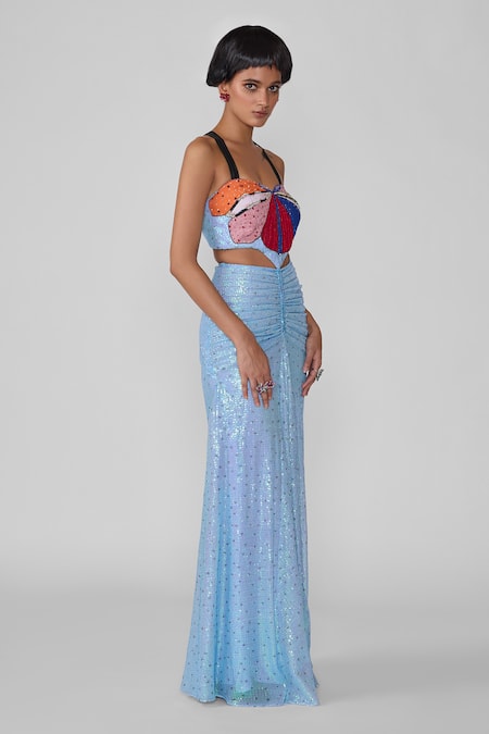 Aisha Rao Blue Tulle Sequins Sweetheart Neck Astra Embellished Gathered Gown Online at Aza Fashions Aisha Rao_Blue Tulle Sequins Sweetheart Neck Astra Embellished Gathered Gown _Online_at_Aza_Fashions
