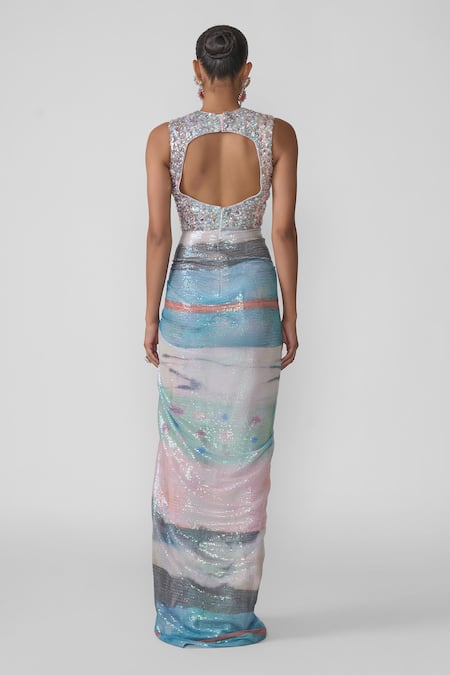 Shop_Aisha Rao_Blue Tulle Sequins Round Neck Aura Embellished Knot Gown _at_Aza_Fashions