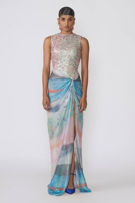 Aisha Rao_Blue Tulle Sequins Round Neck Aura Embellished Knot Gown _Online_at_Aza_Fashions