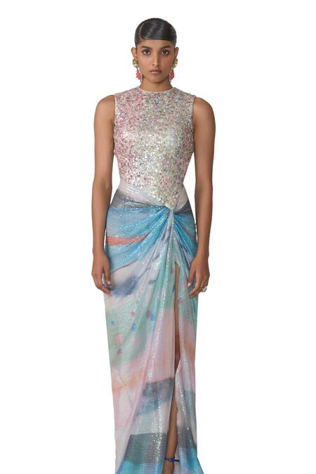 Buy_Aisha Rao_Blue Tulle Sequins Round Neck Aura Embellished Knot Gown _Online_at_Aza_Fashions